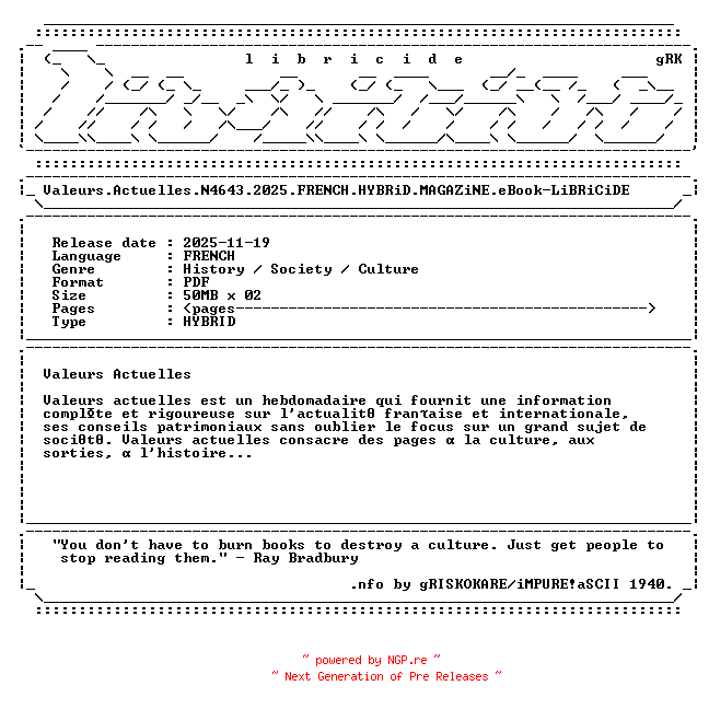 NFO for the release Valeurs.Actuelles.N4643.2025.FRENCH.HYBRiD.MAGAZiNE.eBook-LiBRiCiDE by LiBRiCiDE