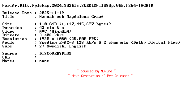 NFO for the release Har.Ar.Ditt.Kylskap.2024.S02E15.SWEDiSH.1080p.WEB.h264-INGRID by INGRID
