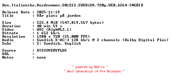 NFO for the release Den.Italienska.Husdrommen.S01E12.SWEDiSH.720p.WEB.h264-INGRID by INGRID