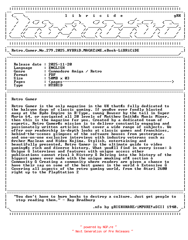 NFO for the release Retro.Gamer.No.279.2025.HYBRiD.MAGAZiNE.eBook-LiBRiCiDE by LiBRiCiDE
