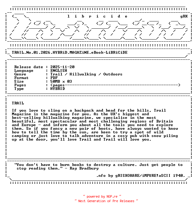NFO for the release TRAIL.No.01.2026.HYBRiD.MAGAZiNE.eBook-LiBRiCiDE by LiBRiCiDE