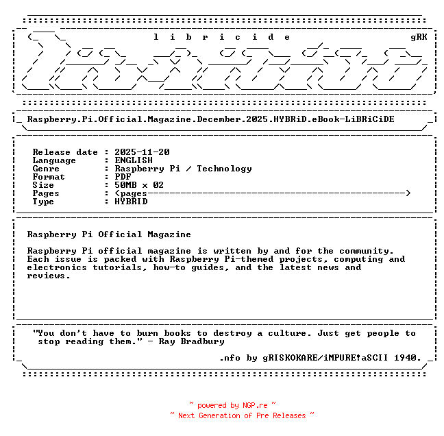NFO for the release Raspberry.Pi.Official.Magazine.December.2025.HYBRiD.eBook-LiBRiCiDE by LiBRiCiDE