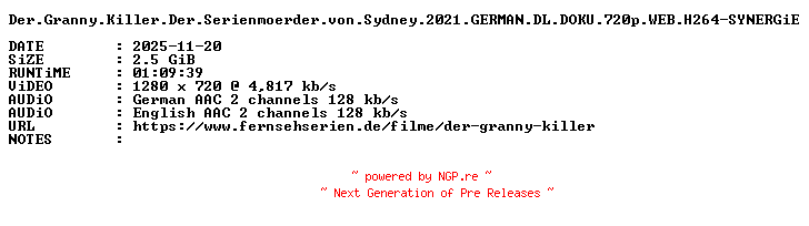 NFO for the release Der.Granny.Killer.Der.Serienmoerder.von.Sydney.2021.GERMAN.DL.DOKU.720p.WEB.H264-SYNERGiE by SYNERGiE
