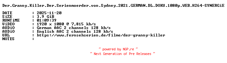 NFO for the release Der.Granny.Killer.Der.Serienmoerder.von.Sydney.2021.GERMAN.DL.DOKU.1080p.WEB.H264-SYNERGiE by SYNERGiE
