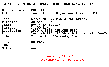 NFO for the release 30.Minuter.S10E14.SWEDiSH.1080p.WEB.h264-INGRID by INGRID