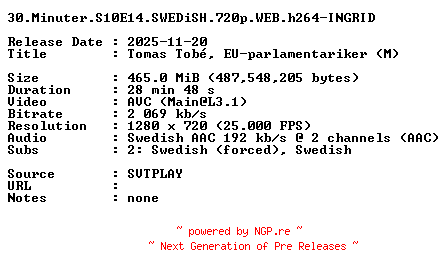 NFO for the release 30.Minuter.S10E14.SWEDiSH.720p.WEB.h264-INGRID by INGRID