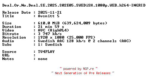 NFO for the release Deal.Or.No.Deal.SE.2025.S02E05.SWEDiSH.1080p.WEB.h264-INGRID by INGRID