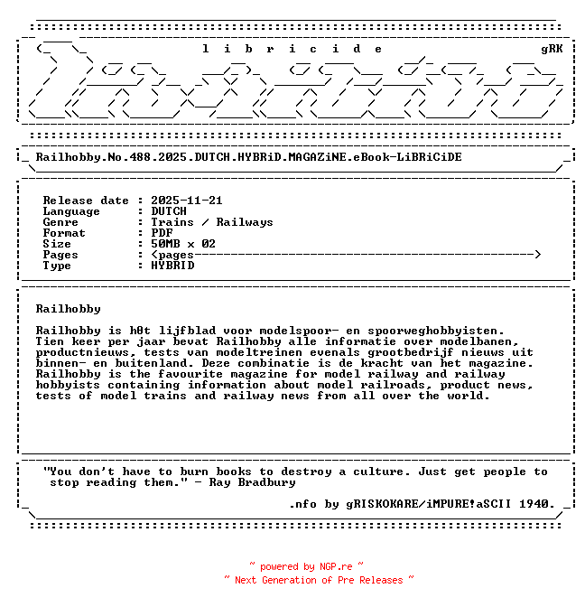 NFO for the release Railhobby.No.488.2025.DUTCH.HYBRiD.MAGAZiNE.eBook-LiBRiCiDE by LiBRiCiDE