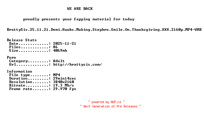 NFO for the release BrattySis.25.11.21.Demi.Hawks.Making.Stepbro.Smile.On.Thanksgiving.XXX.2160p.MP4-WRB by WRB