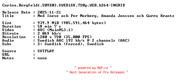 NFO for the release Carina.Bergfeldt.S09E03.SWEDiSH.720p.WEB.h264-INGRID by INGRID
