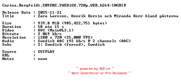 NFO for the release Carina.Bergfeldt.S09E02.SWEDiSH.720p.WEB.h264-INGRID by INGRID