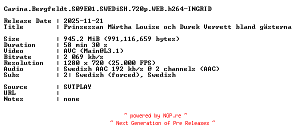 NFO for the release Carina.Bergfeldt.S09E01.SWEDiSH.720p.WEB.h264-INGRID by INGRID