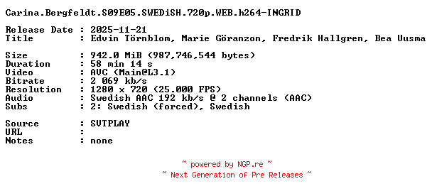 NFO for the release Carina.Bergfeldt.S09E05.SWEDiSH.720p.WEB.h264-INGRID by INGRID
