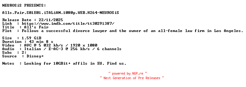 NFO for the release Alls.Fair.S01E01.iTALiAN.1080p.WEB.H264-NEUROSiS by NEUROSiS