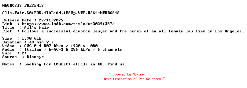 NFO for the release Alls.Fair.S01E05.iTALiAN.1080p.WEB.H264-NEUROSiS by NEUROSiS