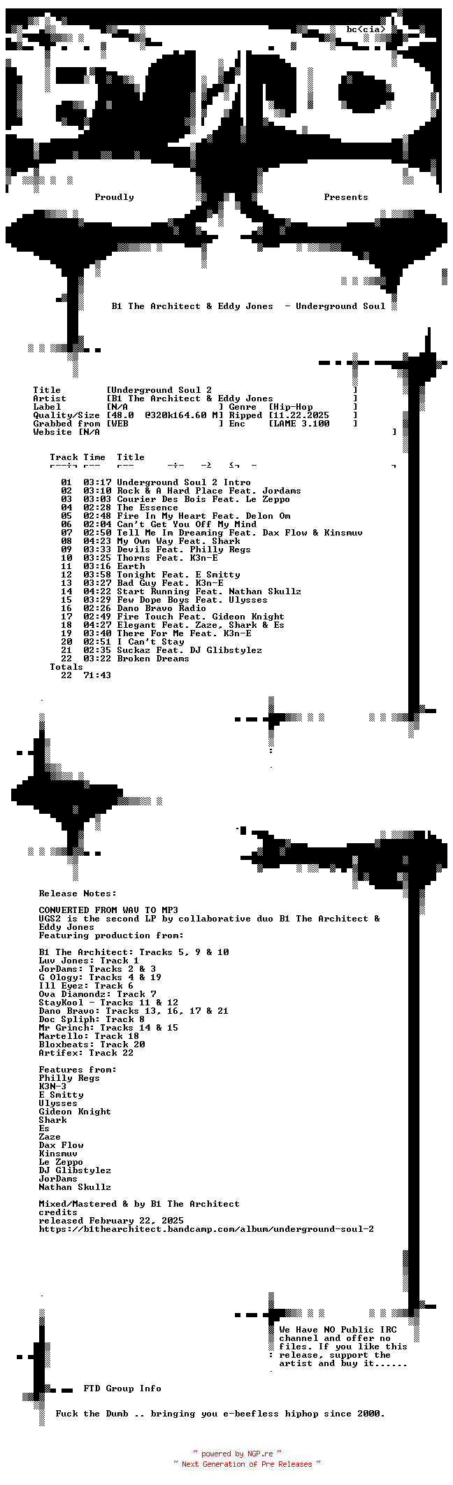 NFO for the release B1_The_Architect_and_Eddy_Jones-Underground_Soul_2-WEB-2025-FTD by FTD