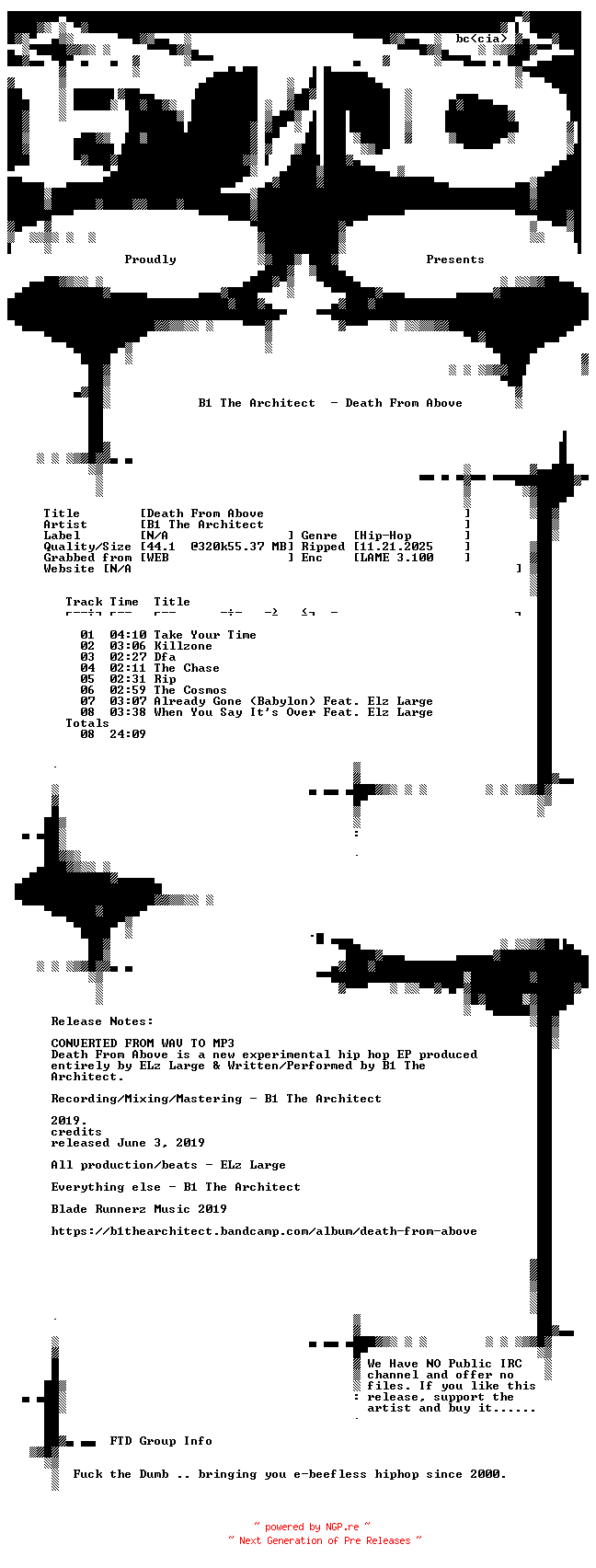NFO for the release B1_The_Architect-Death_From_Above-WEB-2019-FTD by FTD