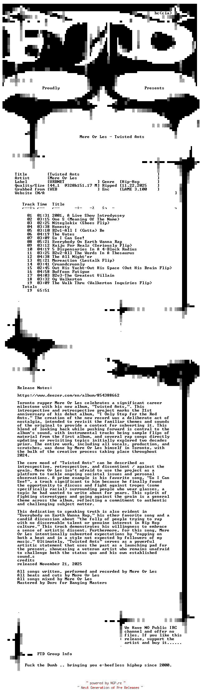 NFO for the release More_Or_Les-Twisted_Ants-WEB-2025-FTD by FTD