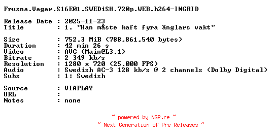 NFO for the release Frusna.Vagar.S16E01.SWEDiSH.720p.WEB.h264-INGRID by INGRID