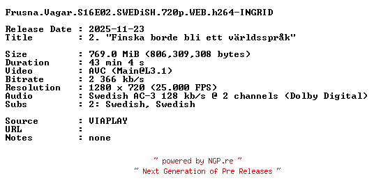 NFO for the release Frusna.Vagar.S16E02.SWEDiSH.720p.WEB.h264-INGRID by INGRID