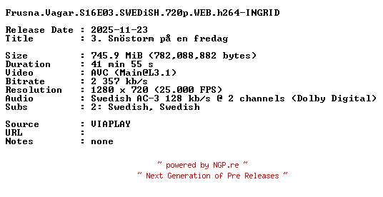 NFO for the release Frusna.Vagar.S16E03.SWEDiSH.720p.WEB.h264-INGRID by INGRID