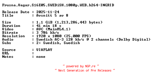 NFO for the release Frusna.Vagar.S16E05.SWEDiSH.1080p.WEB.h264-INGRID by INGRID