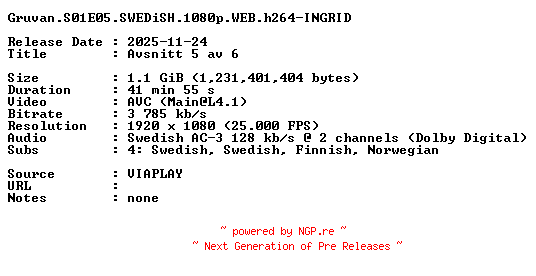 NFO for the release Gruvan.S01E05.SWEDiSH.1080p.WEB.h264-INGRID by INGRID