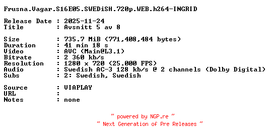 NFO for the release Frusna.Vagar.S16E05.SWEDiSH.720p.WEB.h264-INGRID by INGRID