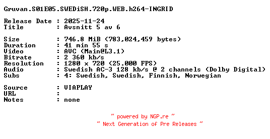 NFO for the release Gruvan.S01E05.SWEDiSH.720p.WEB.h264-INGRID by INGRID