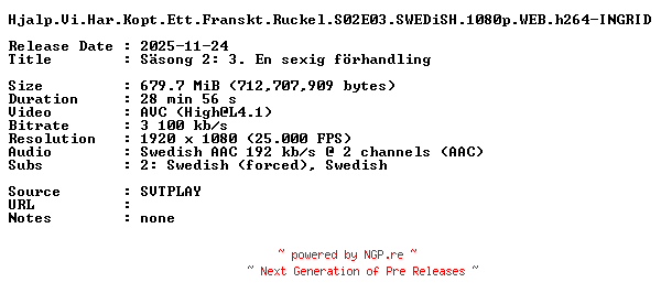 NFO for the release Hjalp.Vi.Har.Kopt.Ett.Franskt.Ruckel.S02E03.SWEDiSH.1080p.WEB.h264-INGRID by INGRID