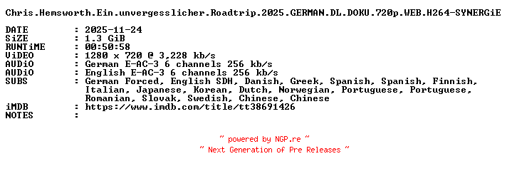 NFO for the release Chris.Hemsworth.Ein.unvergesslicher.Roadtrip.2025.GERMAN.DL.DOKU.720p.WEB.H264-SYNERGiE by SYNERGiE