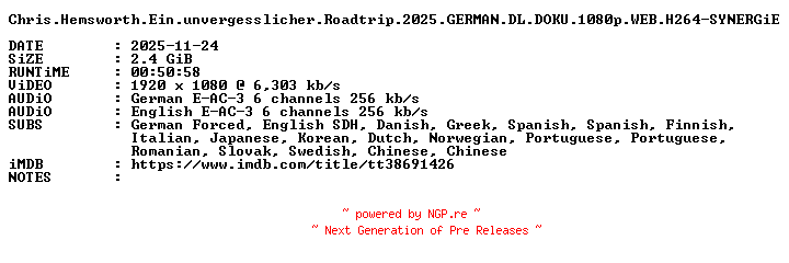 NFO for the release Chris.Hemsworth.Ein.unvergesslicher.Roadtrip.2025.GERMAN.DL.DOKU.1080p.WEB.H264-SYNERGiE by SYNERGiE