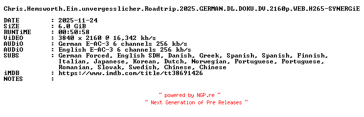 NFO for the release Chris.Hemsworth.Ein.unvergesslicher.Roadtrip.2025.GERMAN.DL.DOKU.DV.2160p.WEB.H265-SYNERGiE by SYNERGiE