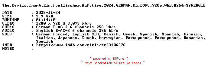 NFO for the release The.Devils.Thumb.Ein.hoellischer.Aufstieg.2024.GERMAN.DL.DOKU.720p.WEB.H264-SYNERGiE by SYNERGiE