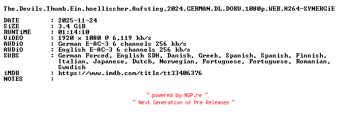 NFO for the release The.Devils.Thumb.Ein.hoellischer.Aufstieg.2024.GERMAN.DL.DOKU.1080p.WEB.H264-SYNERGiE by SYNERGiE