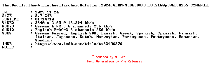 NFO for the release The.Devils.Thumb.Ein.hoellischer.Aufstieg.2024.GERMAN.DL.DOKU.DV.2160p.WEB.H265-SYNERGiE by SYNERGiE
