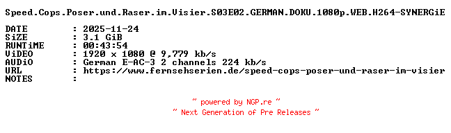 NFO for the release Speed.Cops.Poser.und.Raser.im.Visier.S03E02.GERMAN.DOKU.1080p.WEB.H264-SYNERGiE by SYNERGiE