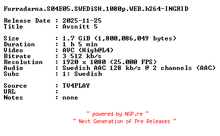 NFO for the release Forradarna.S04E05.SWEDiSH.1080p.WEB.h264-INGRID by INGRID