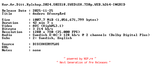 NFO for the release Har.Ar.Ditt.Kylskap.2024.S02E18.SWEDiSH.720p.WEB.h264-INGRID by INGRID