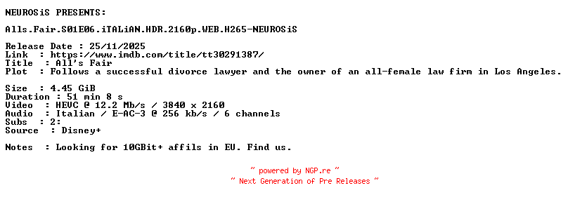 NFO for the release Alls.Fair.S01E06.iTALiAN.HDR.2160p.WEB.H265-NEUROSiS by NEUROSiS