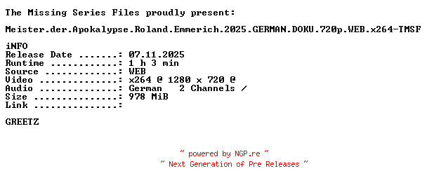 NFO for the release Meister.der.Apokalypse.Roland.Emmerich.2025.GERMAN.DOKU.720p.WEB.x264-TMSF by TMSF
