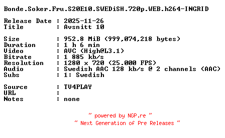 NFO for the release Bonde.Soker.Fru.S20E10.SWEDiSH.720p.WEB.h264-INGRID by INGRID