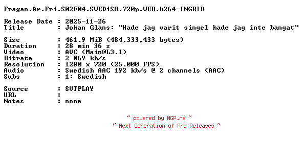NFO for the release Fragan.Ar.Fri.S02E04.SWEDiSH.720p.WEB.h264-INGRID by INGRID