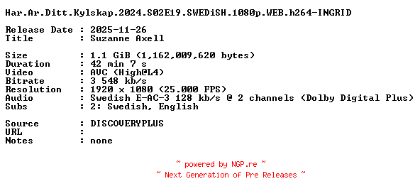 NFO for the release Har.Ar.Ditt.Kylskap.2024.S02E19.SWEDiSH.1080p.WEB.h264-INGRID by INGRID