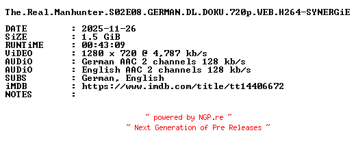 NFO for the release The.Real.Manhunter.S02E08.GERMAN.DL.DOKU.720p.WEB.H264-SYNERGiE by SYNERGiE