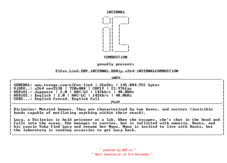 NFO for the release Elfen.Lied.E09.iNTERNAL.BDRip.x264-iNTERNALCOMBUSTiON by iNTERNALCOMBUSTiON