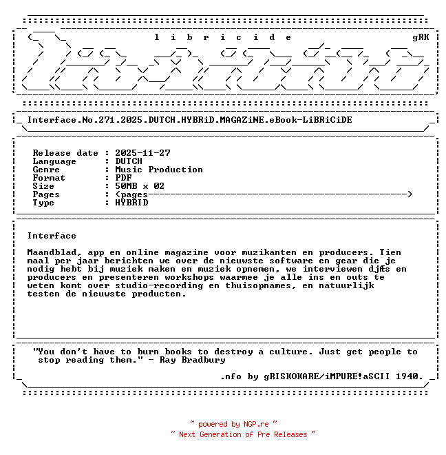 NFO for the release Interface.No.271.2025.DUTCH.HYBRiD.MAGAZiNE.eBook-LiBRiCiDE by LiBRiCiDE