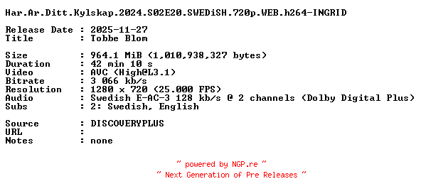 NFO for the release Har.Ar.Ditt.Kylskap.2024.S02E20.SWEDiSH.720p.WEB.h264-INGRID by INGRID