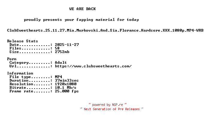 NFO for the release ClubSweethearts.25.11.27.Mia.Murkovski.And.Sia.Florance.Hardcore.XXX.1080p.MP4-WRB by WRB