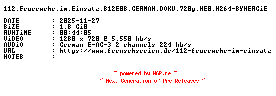 NFO for the release 112.Feuerwehr.im.Einsatz.S12E08.GERMAN.DOKU.720p.WEB.H264-SYNERGiE by SYNERGiE